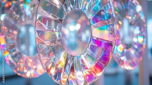 Close-up of iridescent glass orbs, refracting light into a kaleidoscope of colors.