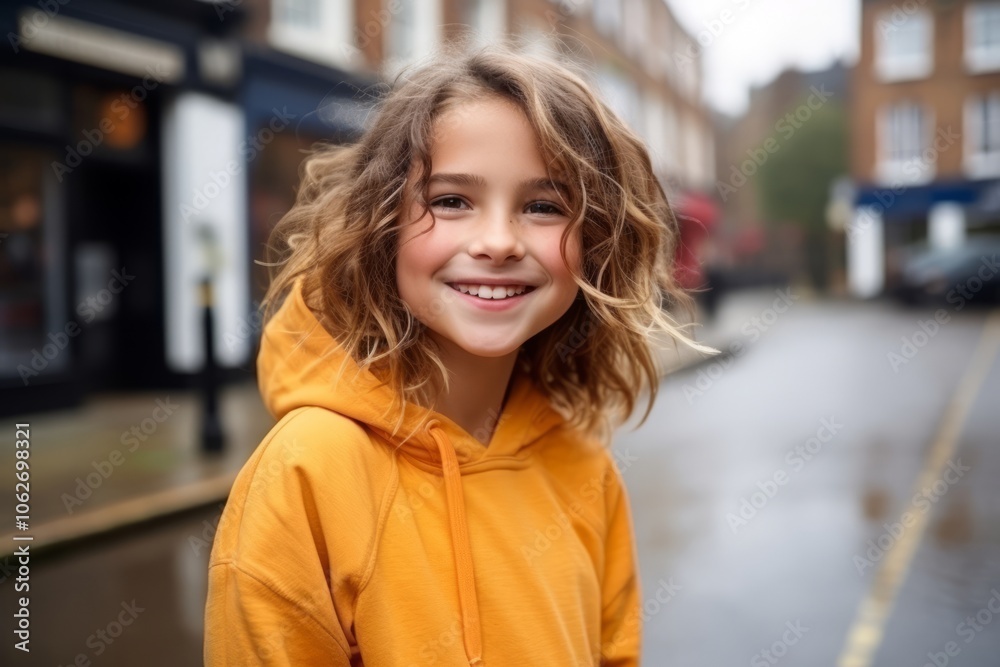 Portrait of a smiling young girl in a yellow hoodie on the street Portrait of a smiling young girl in a yellow hoodie on the street