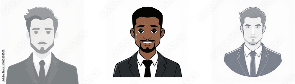 Three cartoon men in suits with different skin tones. Three cartoon men in suits with different skin tones.