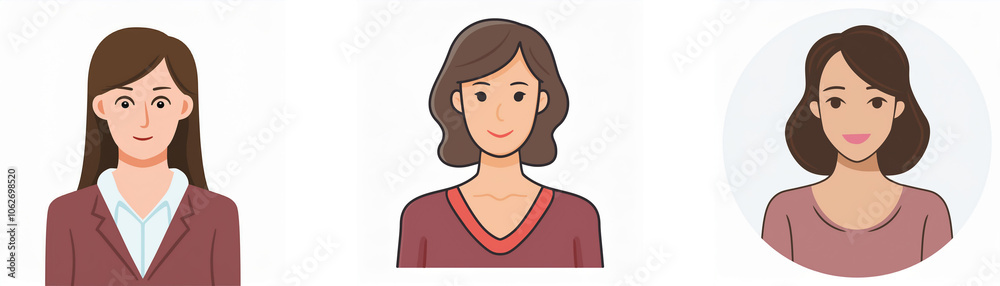 Three cartoon women with different hairstyles wearing various colors of clothing. Three cartoon women with different hairstyles wearing various colors of clothing.