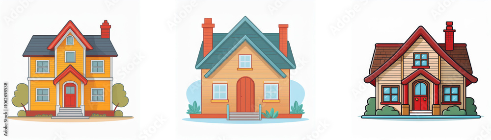 Three cartoon houses with different styles, colors, and details. Three cartoon houses with different styles, colors, and details.