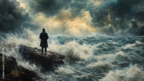 Contemplation at the Edge: A Lone Figure Against the Fury of the Sea