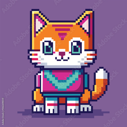 cute cat with retro 8 bit illustration vector design