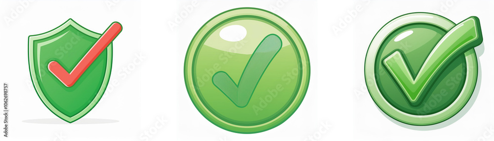 Three green checkmark icons, one inside a shield, one in a circle, and one in a ring. Three green checkmark icons, one inside a shield, one in a circle, and one in a ring.