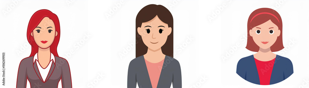 Three cartoon women with different hair colors and clothing. Three cartoon women with different hair colors and clothing.