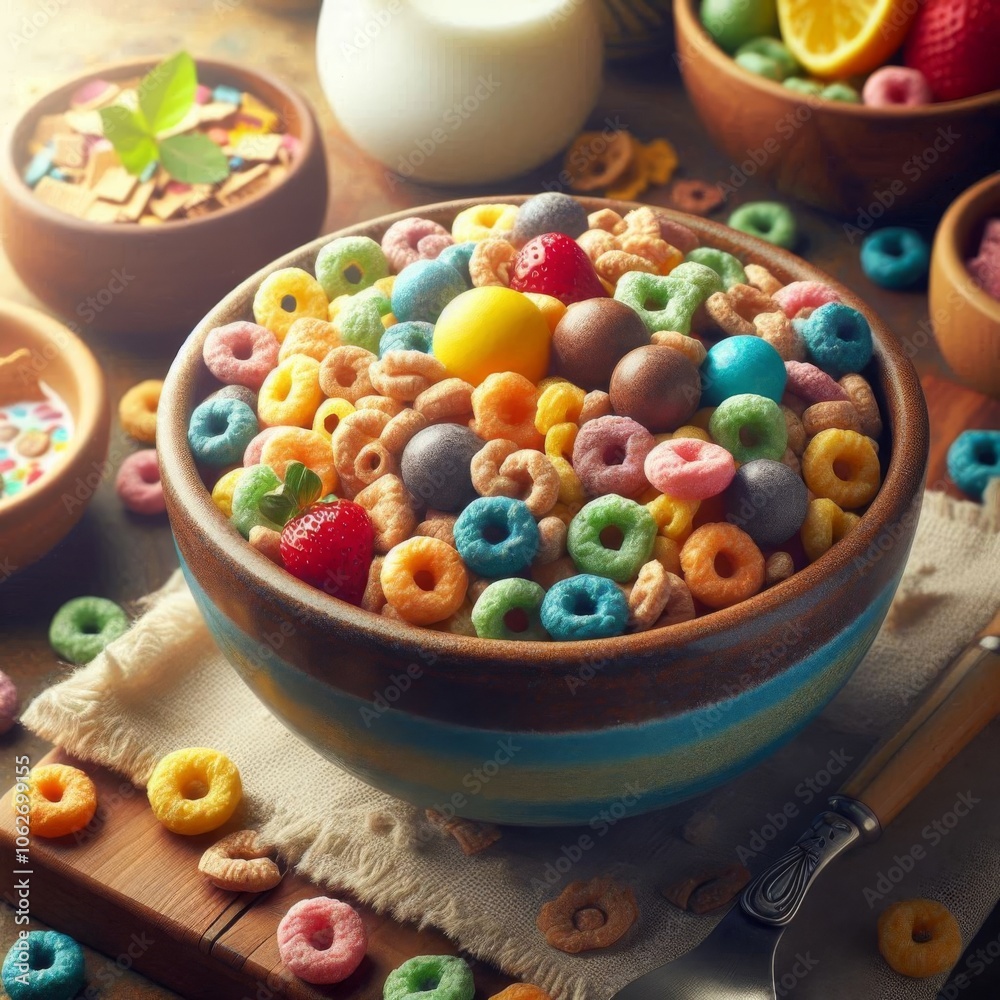 Ceramic bowl filled with vibrant breakfast cereal, capturing a fun and nutritious start Ceramic bowl filled with vibrant breakfast cereal, capturing a fun and nutritious start