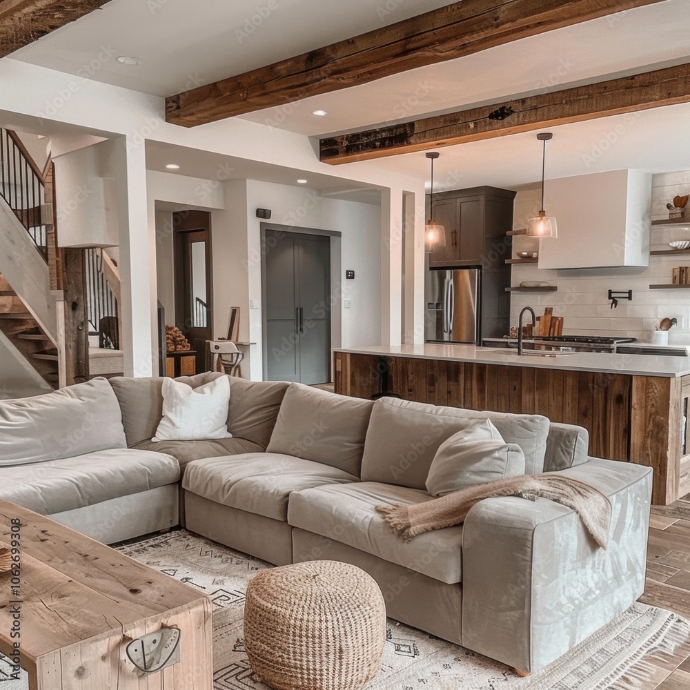 Fototapeta premium A modern living room with a large sectional sofa, coffee table, and ottoman. The room is decorated in a neutral color palette with wood accents.