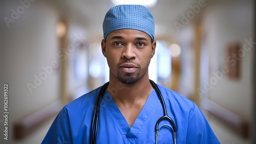 Close up view of handsome black doctor wearing scrubs and stethoscope standing in hospital hallway. Minority healthcare provider professional. Insurance and healthcare expense concept.