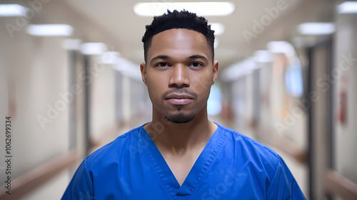 Handsome black man in blue scrubs standing in hospital corridor. Minority medical professional. African heritage. Doctor in hospital hallway.