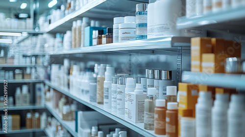 Diverse product range on global e commerce platform, showcasing various skincare and beauty products neatly arranged on shelves, creating inviting shopping experience