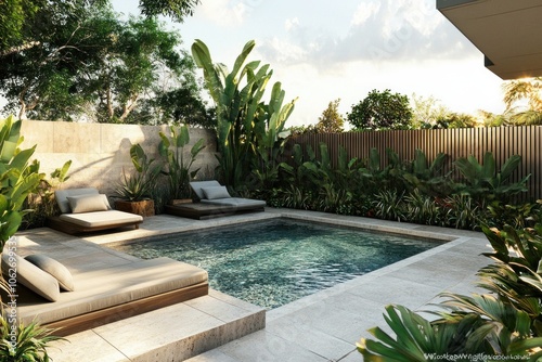 Backyard with a modern plunge pool, sun loungers, privacy fence, tropical landscaping, late afternoon sun, relaxing atmosphere photo