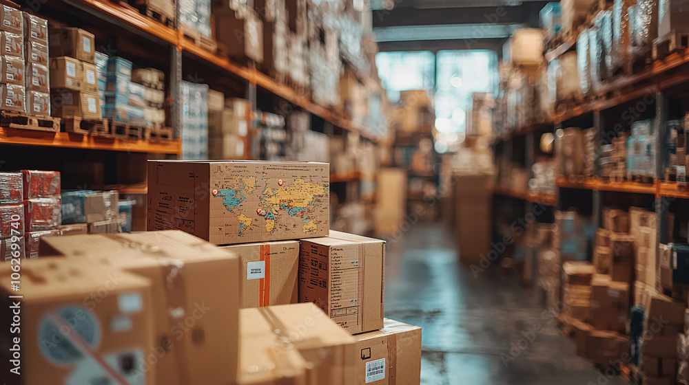 Warehouse filled with stacked boxes and packages, showcasing busy e commerce environment. scene conveys organization and logistics in storage space Warehouse filled with stacked boxes and packages, showcasing busy e commerce environment. scene conveys organization and logistics in storage space