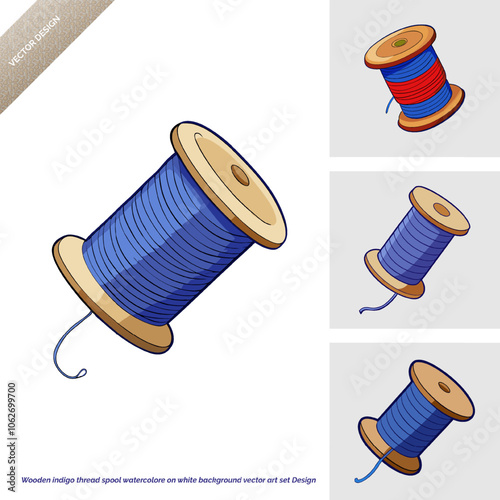 Wooden indigo thread spool watercolor on white background vector art set Design 