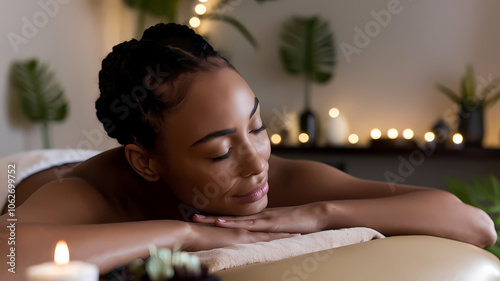 Black Woman Relaxing in Massage Room with Warm Candlelight, Peaceful Wellness Scene for Self-Care and Tranquility