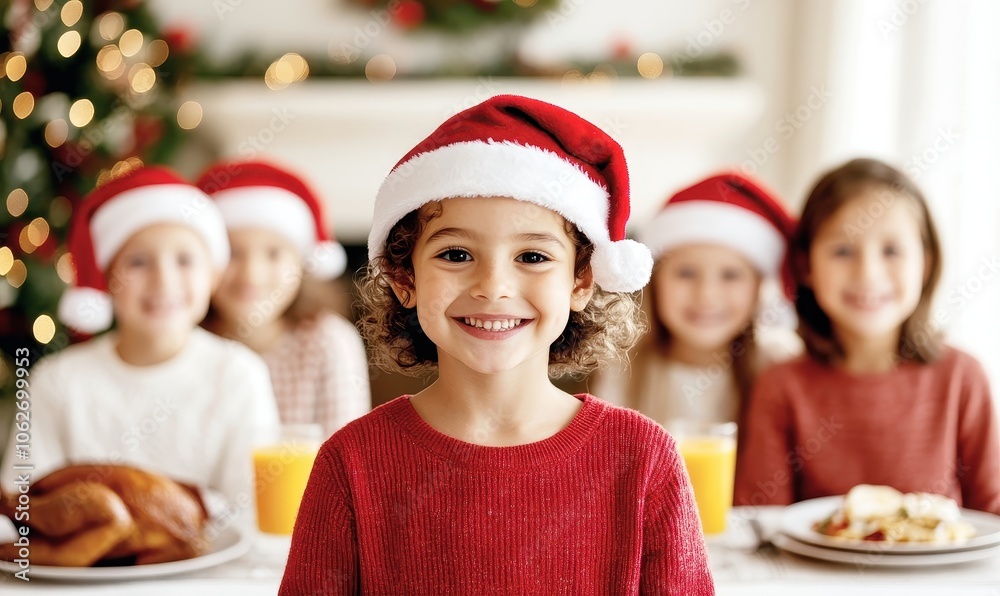 A family wearing red Santa hats Christmas in a Christmas party and Christmas meal A family wearing red Santa hats Christmas in a Christmas party and Christmas meal