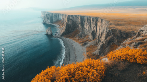 Olkhon Island in October offers breathtaking views. Golden bushes line the steep cliffs overlooking the sandy beaches of the Small Sea. It's a perfect autumn escape for travel and outdoor adventures.