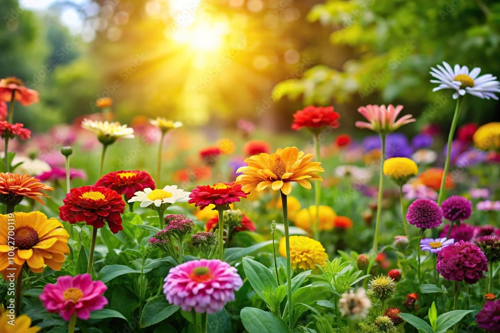 Colorful flowers blooming in a lush garden under the bright summer sun, garden, colorful Colorful flowers blooming in a lush garden under the bright summer sun, garden, colorful