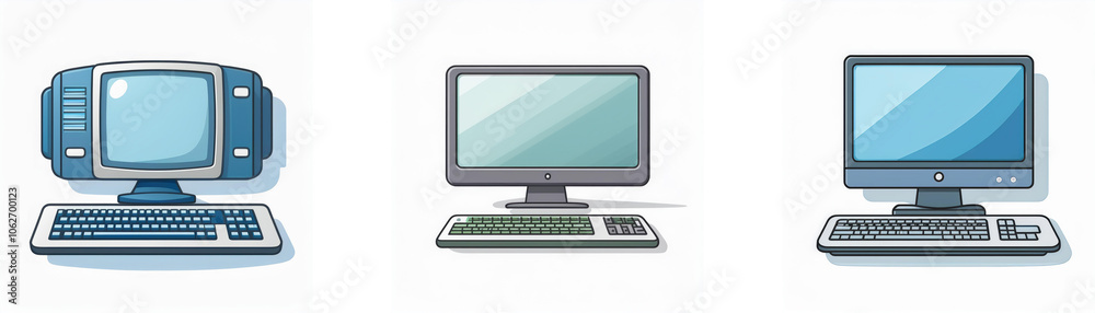 Three cartoon computers with keyboards on white background. Three cartoon computers with keyboards on white background.