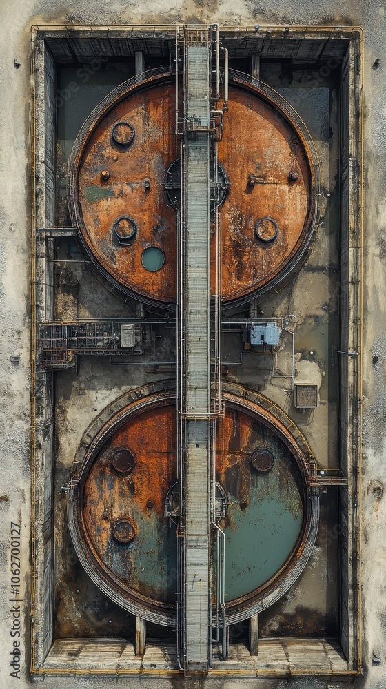 Aerial perspective of a wastewater treatment facility featuring circular tanks and piping in a streamlined industrial layout Aerial perspective of a wastewater treatment facility featuring circular tanks and piping in a streamlined industrial layout