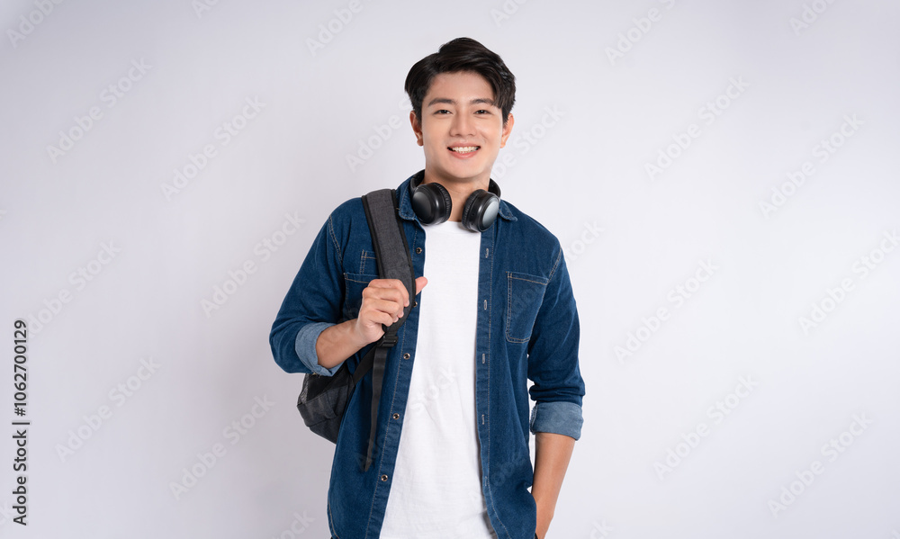 Portrait of Asian male student wearing backpack and headphones posing on white background Portrait of Asian male student wearing backpack and headphones posing on white background