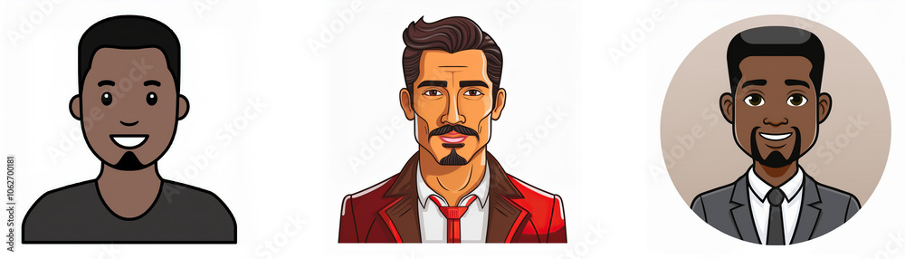 Three cartoon men with different hairstyles and clothing. Three cartoon men with different hairstyles and clothing.