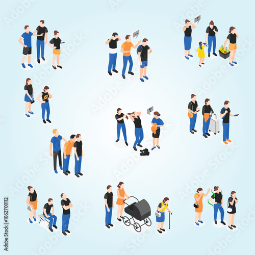 Queue isometric icon set different types of queues and different relationships between people among those waiting vector illustration