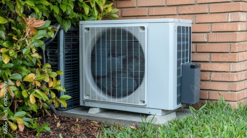 A white air conditioner unit is mounted outside a brick building. It has a large fan and a metal grate covering the unit.  There is a bush in the foreground.