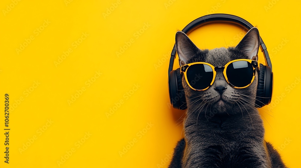 Fototapeta premium Cool Cat Wearing Sunglasses and Headphones Against a Yellow Background