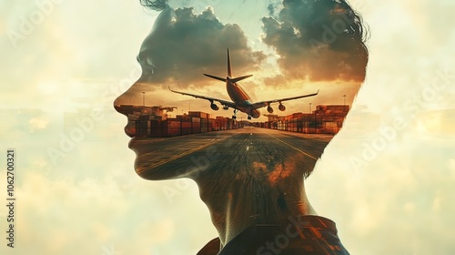 Man's Mind - An Airplane Landing Over a Container Port