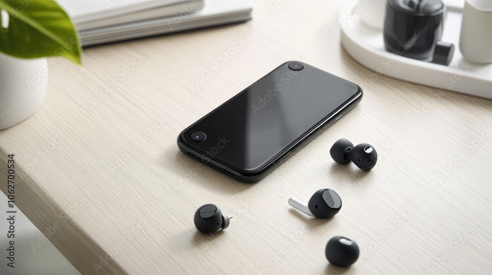 Modern Smartphone and Wireless Earbuds on Desk Modern Smartphone and Wireless Earbuds on Desk