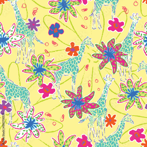 Giraffe Safari Animal Wildlife hand hand draw seamless vector pattern illustration On yellow Background Color With line Doodle Flower Art, multicolor