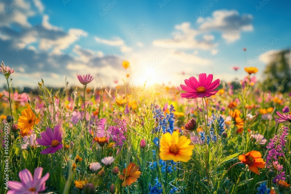 Beautiful summer fields with blooming poppies and green grass, calm atmosphere, sunny day Beautiful summer fields with blooming poppies and green grass, calm atmosphere, sunny day