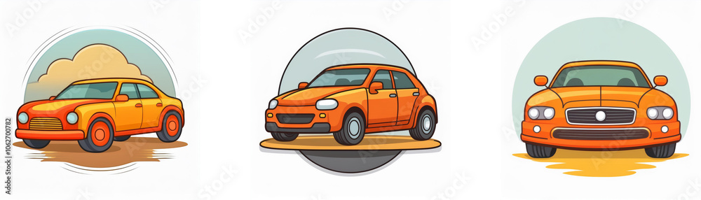Three cartoon orange cars are depicted on a white background, each set in a circular frame with a sky and sand background. Three cartoon orange cars are depicted on a white background, each set in a circular frame with a sky and sand background.