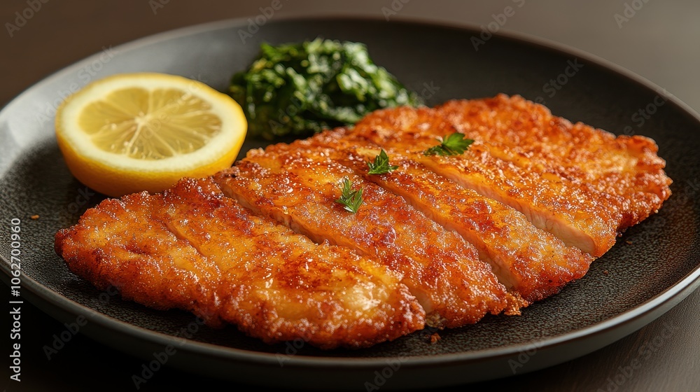 Austrian schnitzel served with lemon on a simple plate, inviting culinary presentation, traditional flavors, comforting dish Austrian schnitzel served with lemon on a simple plate, inviting culinary presentation, traditional flavors, comforting dish