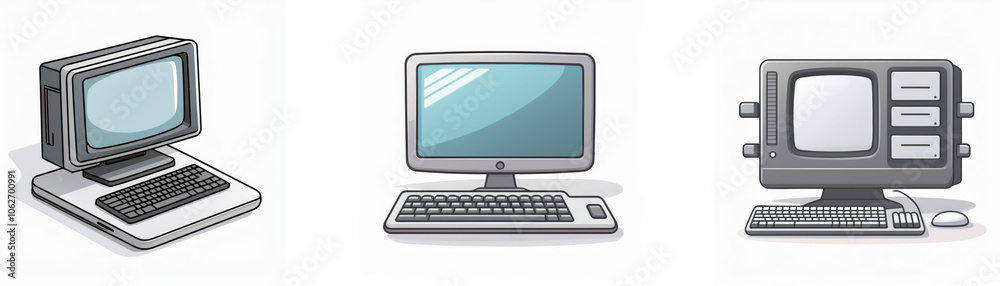 Three computer icons illustrate the evolution of personal computing from a classic boxy design to a sleek modern model. Three computer icons illustrate the evolution of personal computing from a classic boxy design to a sleek modern model.
