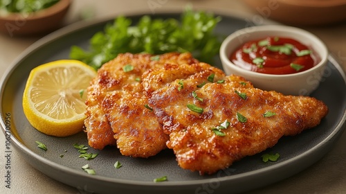 Austrian schnitzel served with a lemon wedge, appetizing dish on a simple background, showcasing culinary delight and tradition