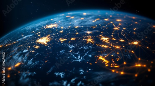 Glowing network of light strings wrapping around Earth, symbolizing the noosphere and the fusion of technology with human consciousness