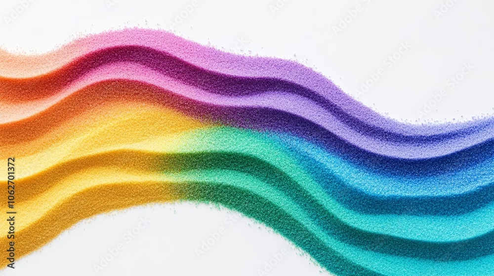 Closeup of colored sand in rainbow hues, creating a delicate gradient with fine particles on a minimal white surface Closeup of colored sand in rainbow hues, creating a delicate gradient with fine particles on a minimal white surface