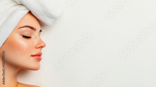 A woman with a towel wrapped around her head is resting her head on her hand. Concept of relaxation and comfort