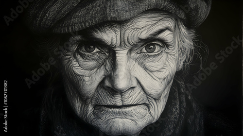 Black and white portrait of an elderly woman with wrinkles and intense eyes.