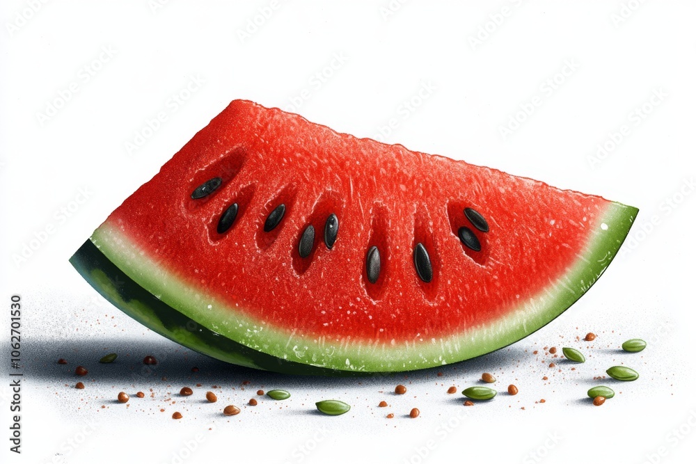 Simple illustration of a watermelon slice, vibrant red and green with seeds on a white background, capturing summer freshness