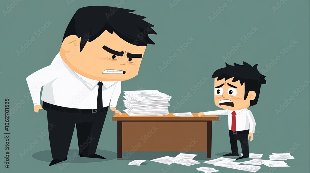 Boss standing over stressed employee, emphasizing the pressure and hierarchy in the workplace. Leadership and workplace dynamics. Boss standing over stressed employee, emphasizing the pressure and hierarchy in the workplace. Leadership and workplace dynamics.