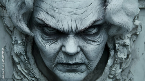 Close up of a scary, white-painted, female, stone, gargoyle face with angry red eyes.