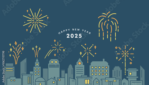 Happy New Year 2025 Simple Illustration. Cityscape Line Art for New Year Celebrations. Minimalist Urban Skyline with Fireworks, Festive City Silhouettes, and Holiday Design. Modern New Year Cityscape 