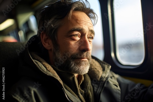 Portrait of a bearded man in a bus. Selective focus.