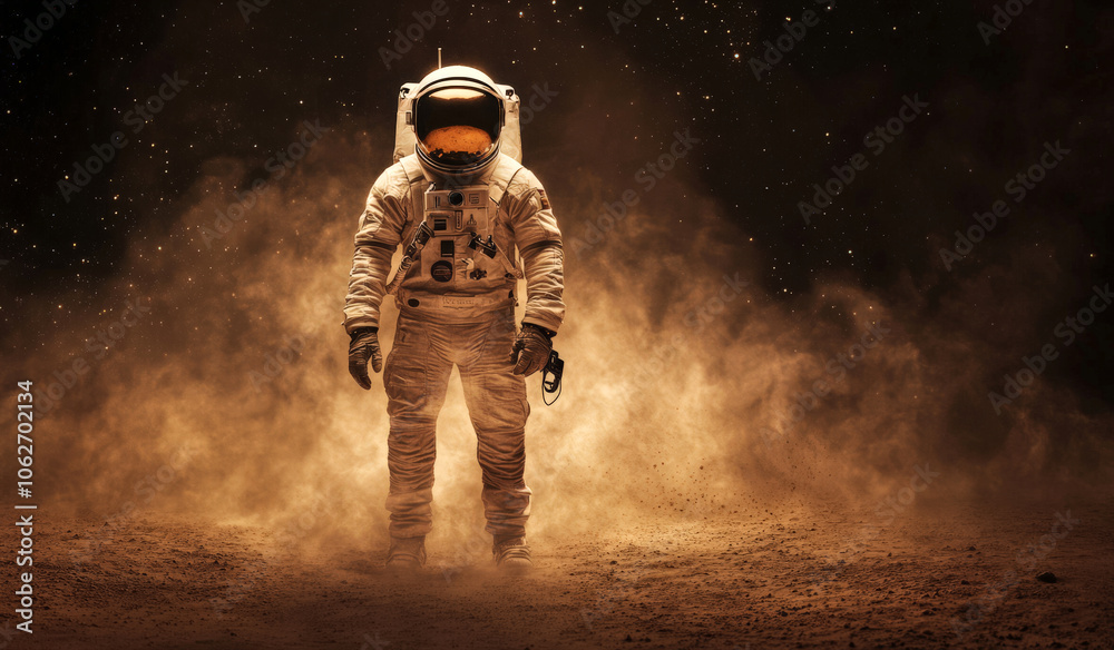 An astronaut standing on the surface of Mars, with an open helmet and a full body suit. The background is the dark expanse of space, and there is some sand in front of him An astronaut standing on the surface of Mars, with an open helmet and a full body suit. The background is the dark expanse of space, and there is some sand in front of him