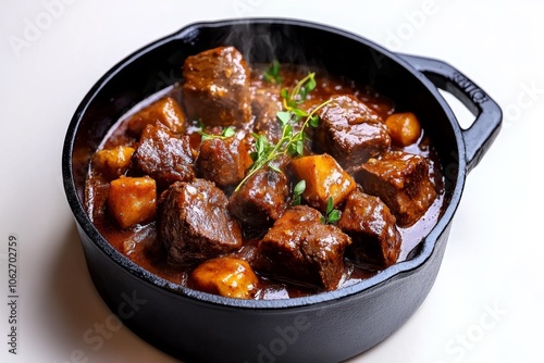 Watercolor of a bubbling stew in a cast-iron pot, with rich, earthy tones creating a cozy, comforting scene