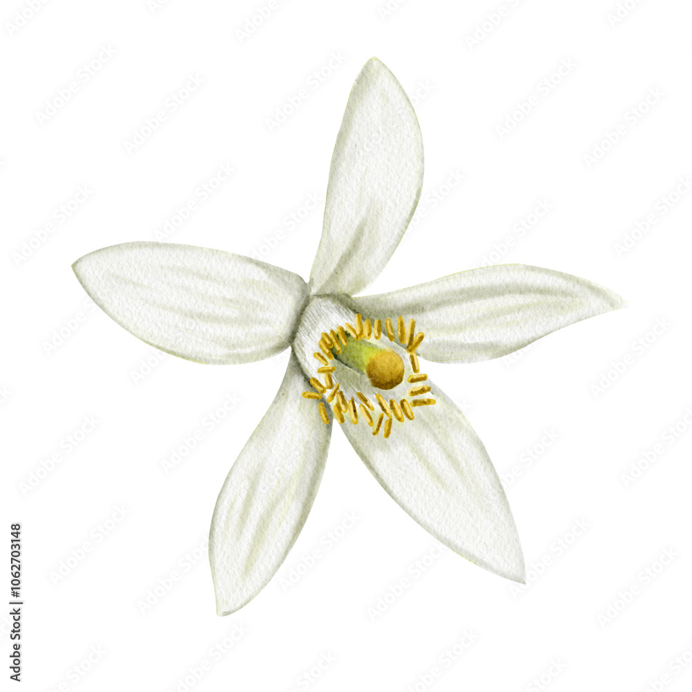 White flower of a citrus tree. Flower with five petals. Orange, lemon, tangerine and lime plant. Fruit bud. Watercolor illustration. No background