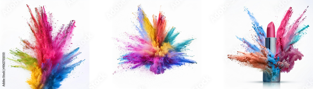 Three colorful powder explosions with a focus on the explosion on the right, which depicts a single color explosion behind a lipstick tube. Three colorful powder explosions with a focus on the explosion on the right, which depicts a single color explosion behind a lipstick tube.
