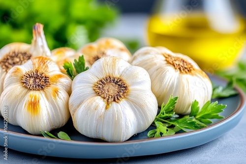 Whole roasted garlic heads, caramelized and golden, served on a plate with fresh herbs and olive oil photo